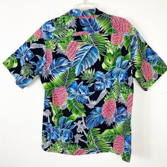 Hilo Hattie Men’s Black Colorful Pineapple Floral Hawaiian Button Up Shirt XL - Picture 2 of 4